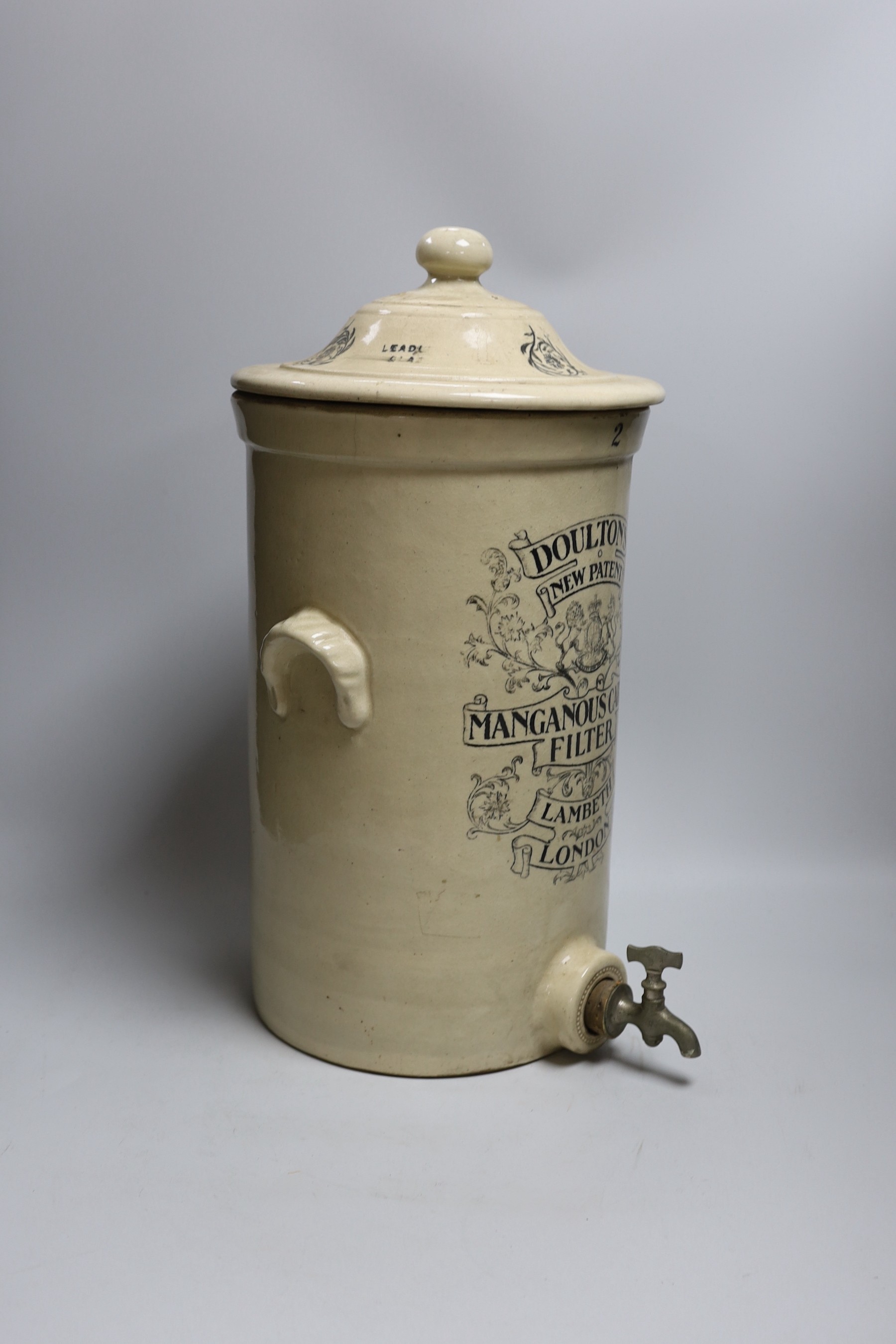 A Doulton’s Lambeth London, new patent Manganous Carbon filter stoneware purifier, 45cms high